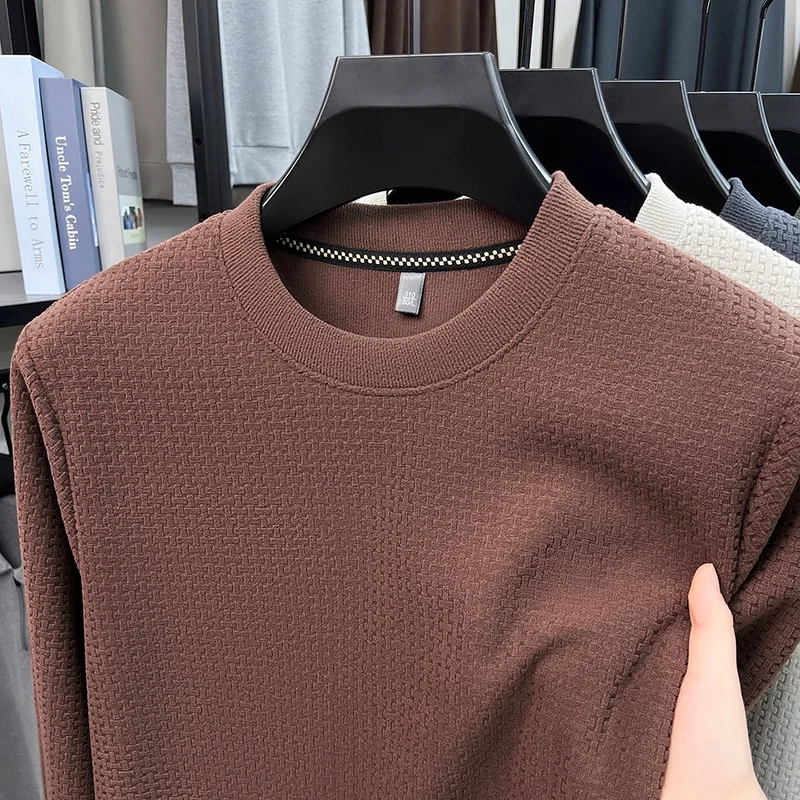 Herren-Sweatshirt mit Rundhalsausschnitt, Waffelstruktur, langen Ärmeln, einfarbig, lockerer Schnitt, lässig, für den täglichen Gebrauch, ein Basic-Oberteil für Herbst und Winter. – Detail 3