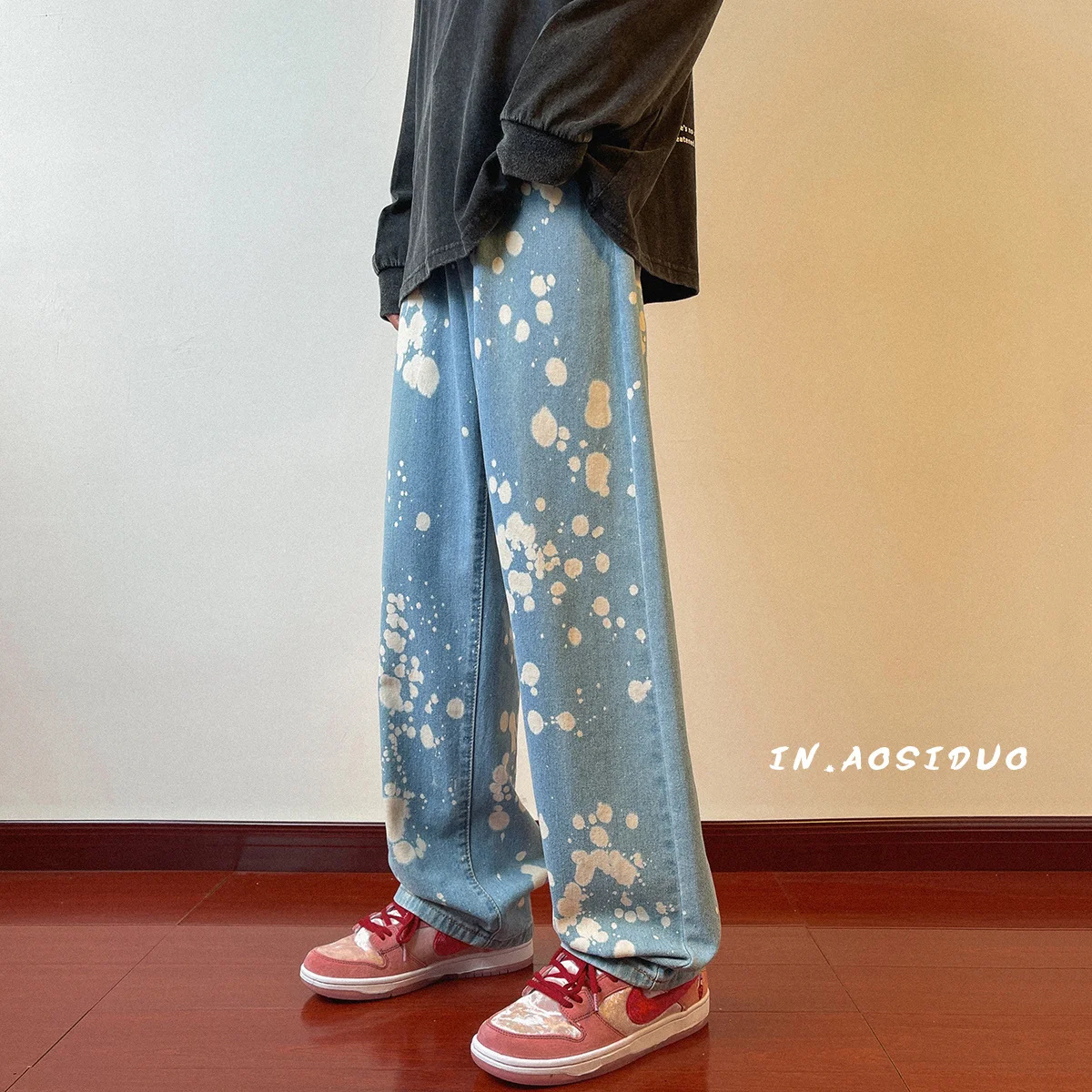 Korean Fashion Splash-ink Men's Baggy Jeans Autumn New All-match Straight-leg Denim Pants Male Light Blue Dark Black