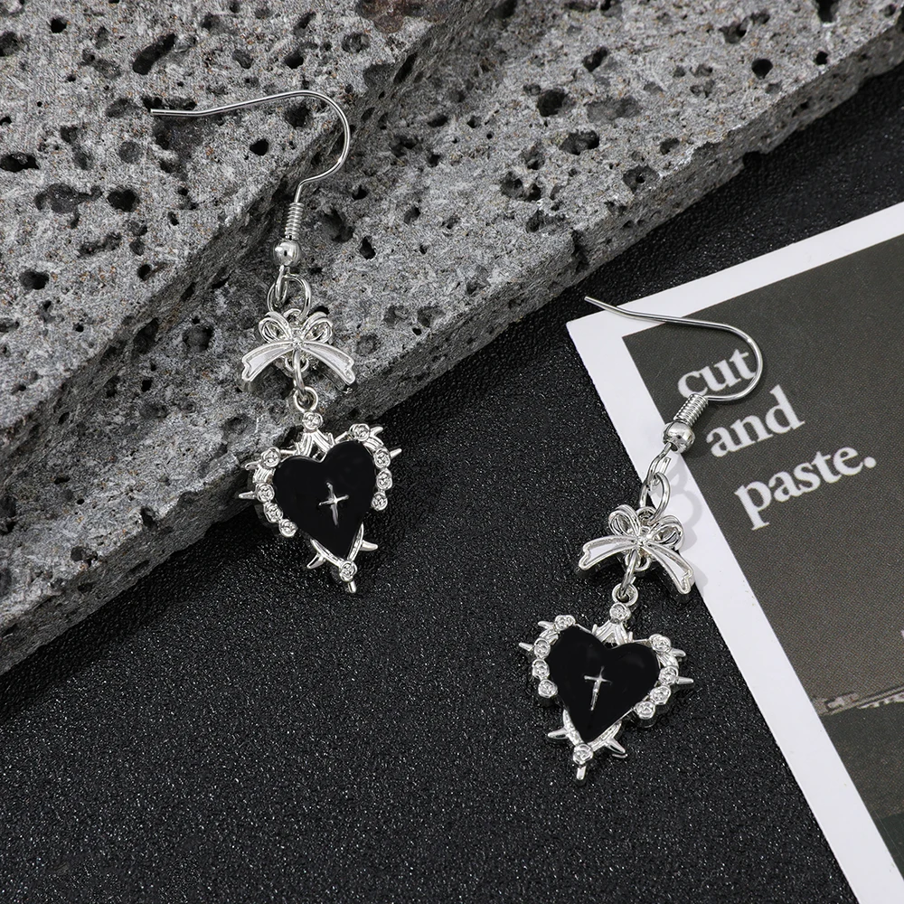 Gothic Punk Thorn Heart Cross Earrings for Women Bow & Rhinestone Decor Enamel Drop Ear Hook Y2K Jewelry Halloween Gift