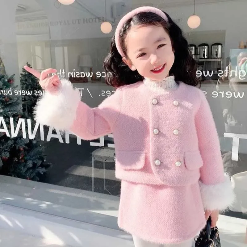 2024 New Year's Girls' Set with Cotton and Thickened Small Fragrant Plush Jacket+ Hip Hugging Skirt Winter New Clothing Suits