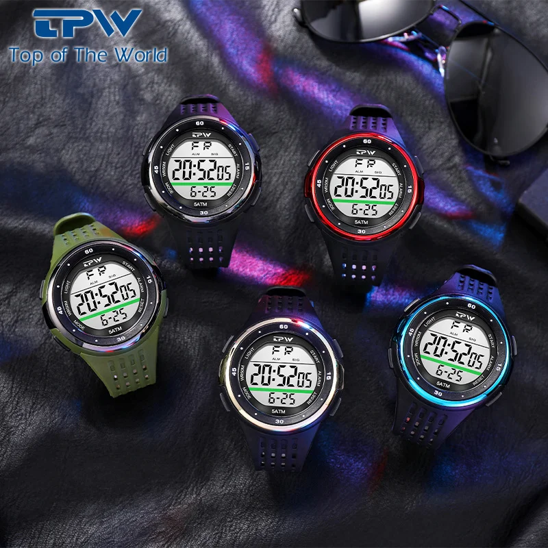 Men's Trendy Rubber Digital LED Display Sport Watch 5ATM Waterproof Electronic Plastic Wrist Watch with Alarm Clock Stopwatch