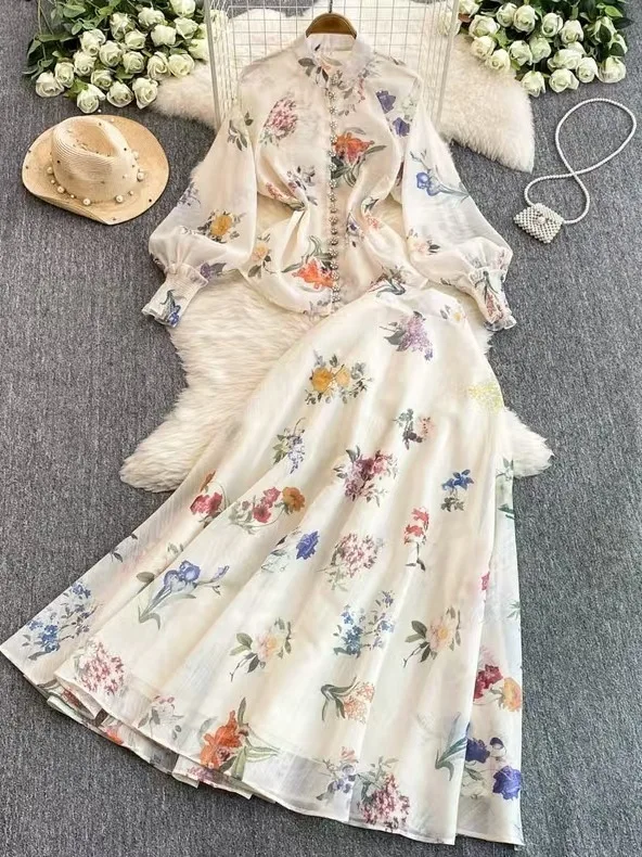 

Faionable Printed Women's irt And Skirt Set Long Sve Flip Collar Polyester Material Age Range 25-35 Spring Season