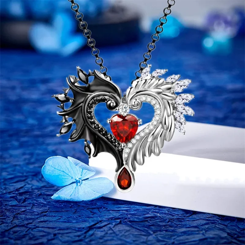 

Jewelry for Women Gothic Lovers Chains 2024 New Stainless Steel Black White Wings Necklace Red Diamond Heart 2024