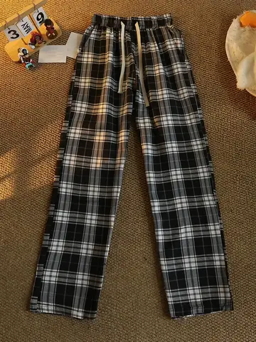 Casual sports pants, fashionable black checkered pants, loose elastic waist pocket, wide leg pants, neutral hip-hop loose pants