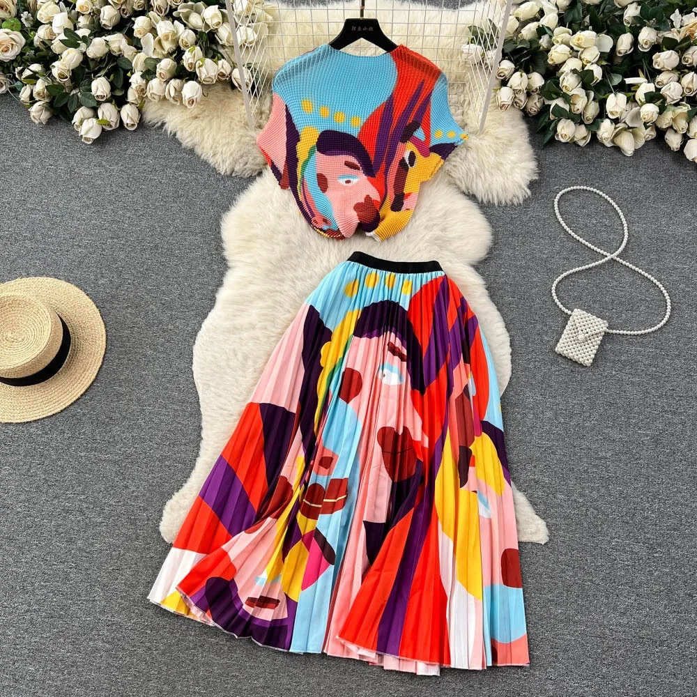 Blooming Printed Skirt Suit Women's New Thread Temperament Half-high Collar Top + Pleated Skirt Two-piece Set