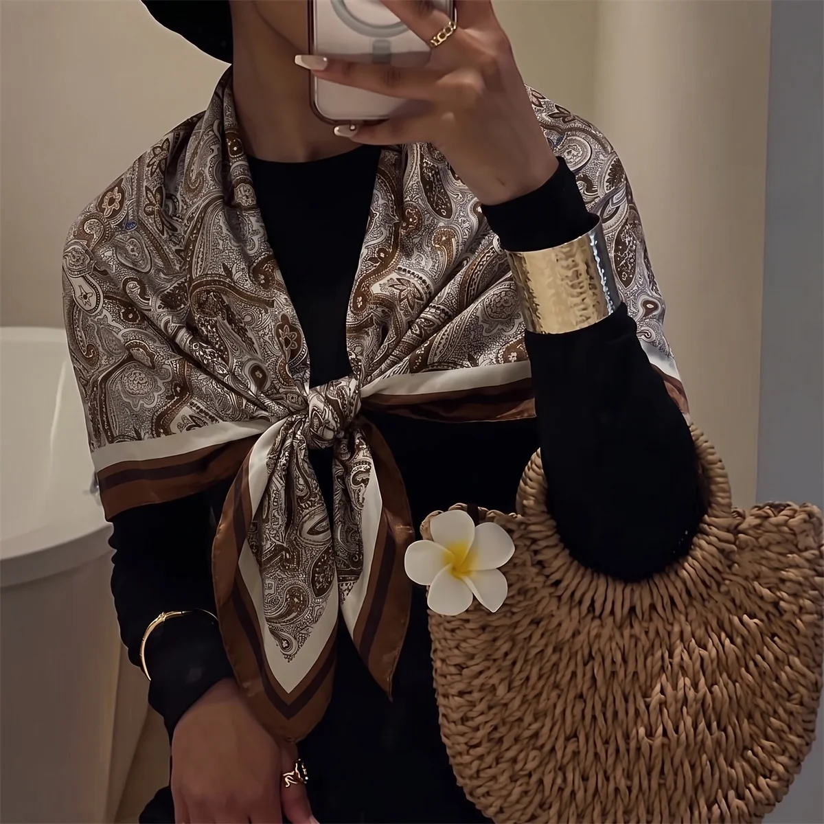 90Cm Vintage Paisley Swirl Square Headscarf For Women Retro Border Ornament Print Large Satin Feel Square Scarf All Match