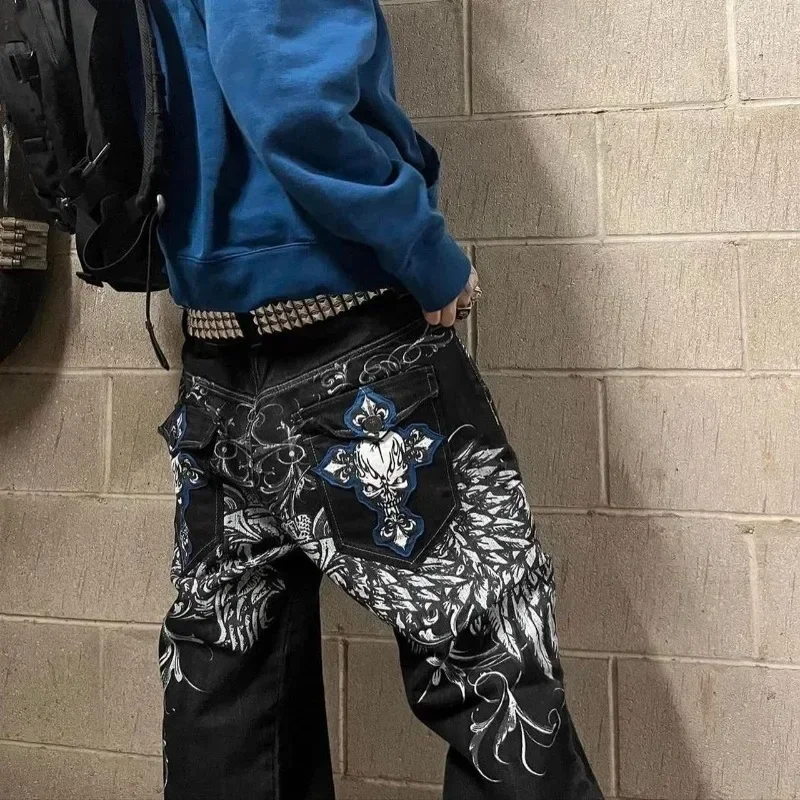 

Hip Hop Fashion Y2k Street High Waist Gothic Skull Geometry Men Jeans American Retro Couples Straight Loose Pants