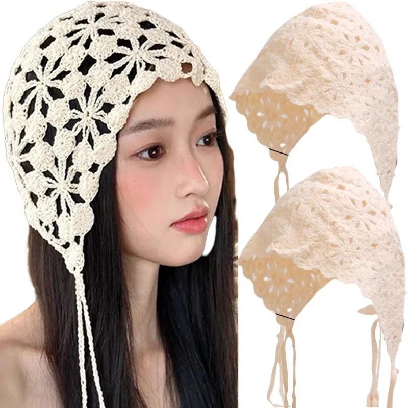 

Boho Handmade Crochet Hat Women Floral Knit Headband Beanie for for Women Summer Travel Hair Scarf Bandana Headband SHeaddress