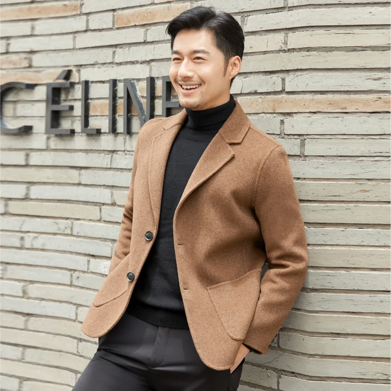

New 100% Pure Wool Double-Sided Wool Coat for Men Slim Fit Slimming Suit Jacket Solid Color Lapel Simple Cardigan
