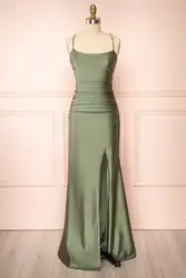 Olive Green Spaghetti Straps Evening Dresses Satin Elegant Bodycon High Split Backless Cocktail Dress Simple Wedding Party Gowns