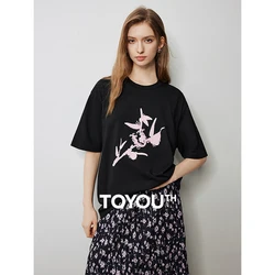 TOYOUTH Women T-shirt 2024 Autumn New Heavy Industry Patch Embroidered Round Neck Short Sleeve Casual Loose Tops