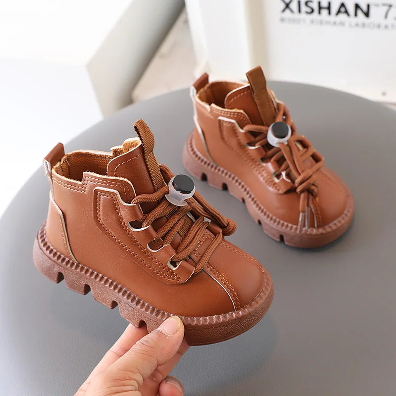 

new Sparkle Boots Children Non Slip Soft Sole Walking Shoe kids boy gril PU Leather Lace Up Side Zipper Pure Color Casual Boots