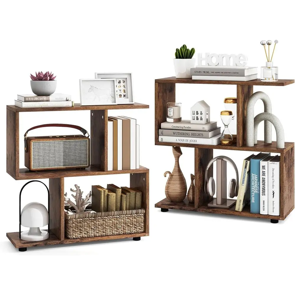 

3-Tier Geometric Bookshelf Set, 2-Piece S-Shaped Bookcases, Freestanding Decorative Storage Shelves, Home Storage Organizer for