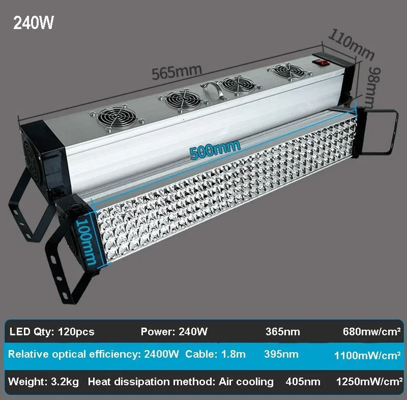 High power 240W portable UV curing lamp no shadow glue printing light UV exposure lamp