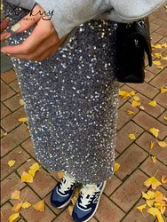 High Waisted Sequin Maxi Skirt Women Elegant Shiny Straight Skirts With Slit Summer Spring Black Long Sequin Skirt For Women