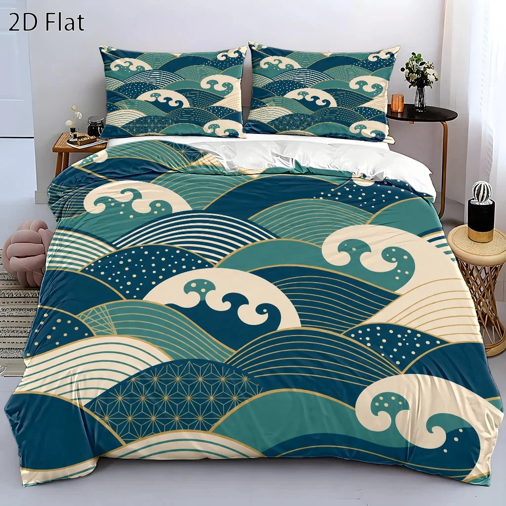3-Piece Japanese-Style Wave Pattern Duvet Cover Set, Three-Piece Bedding Set (1 Duvet Cover + 2 Pillowcases), Suitable for All Seasons, Machine Washable, Invisible Zipper Design, Large Double Bed Cover, Suitable for Home, Dormitory, Master Bedroom, Guest Room, Trendy Japanese-Style Print, Soft and Skin-Friendly Bedding Set, Light Luxury Gold Stamping Technology, Breathable and Comfortable Bedding Set, Bedroom Bedding, Easy-Care and Durable Duvet Cover and Pillowcase Set