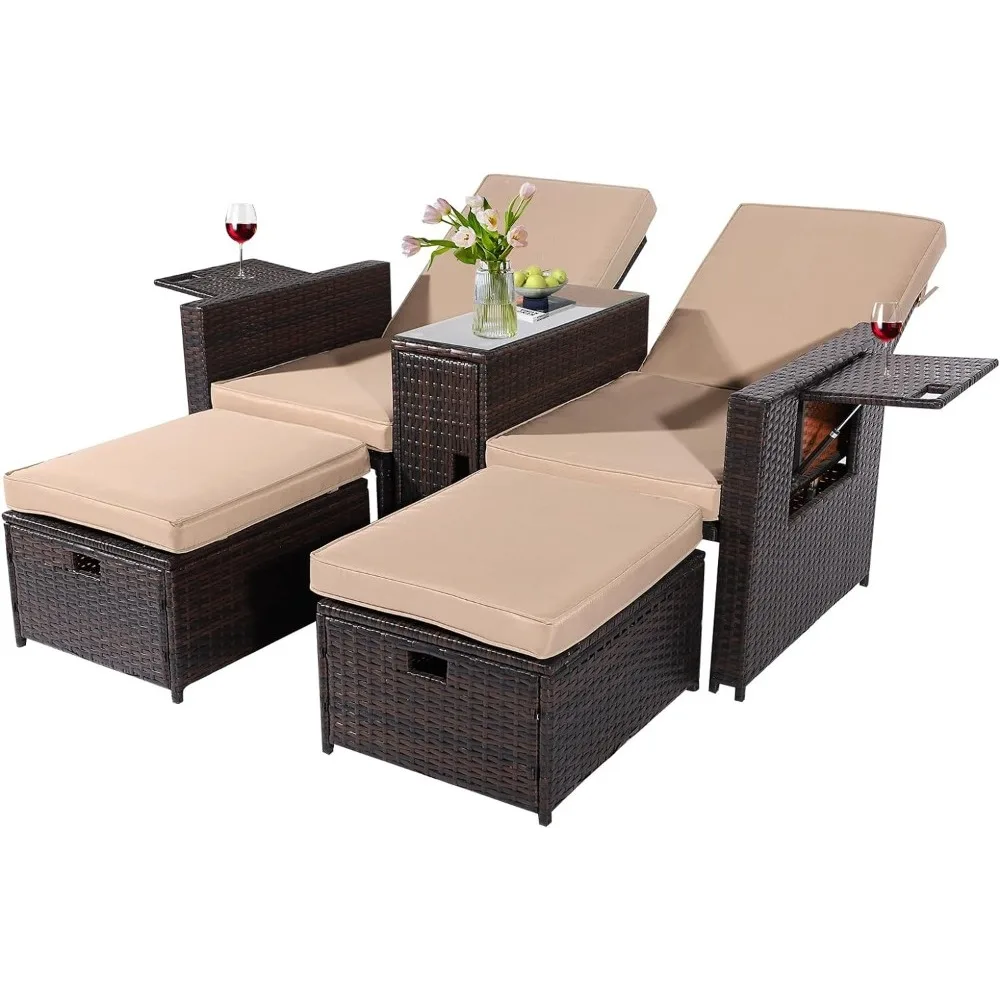 

Sun Loungers 5PCS Outdoor Wicker Chaise Lounge Chair - Rattan Adjustable Reclining Patio Lounge Chair with Ottoman and Coffee