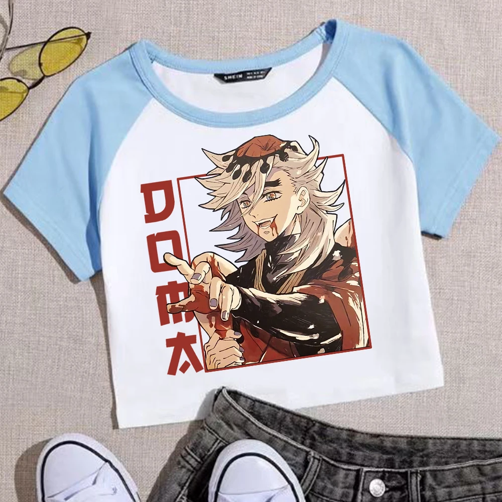 أنيمي شيطان القاتل دوما المحاصيل القمم تي شيرت الفتيات أزياء المرأة س الرقبة قصيرة الأكمام المشجعين هدية تي شيرت