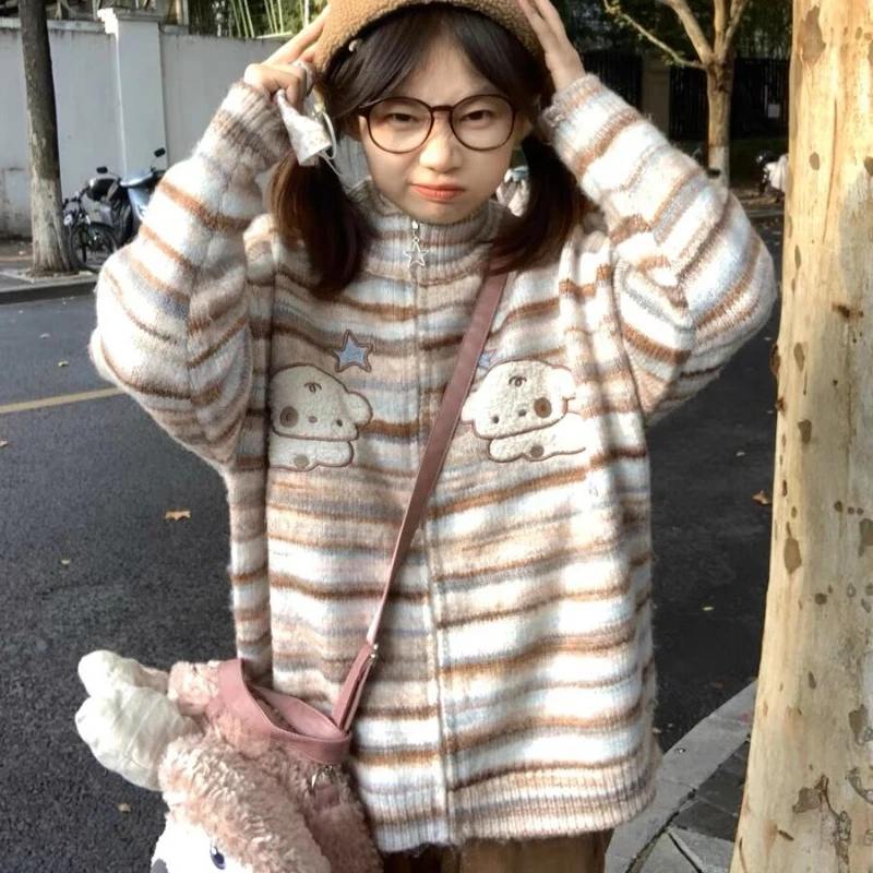 

Y2k Aesthetic Japanese Knit Cardigan Kawaii Dog Embroidery Harajuku Cardigan Femme Striped Preppy Autumn Zipper Cardigany Womens