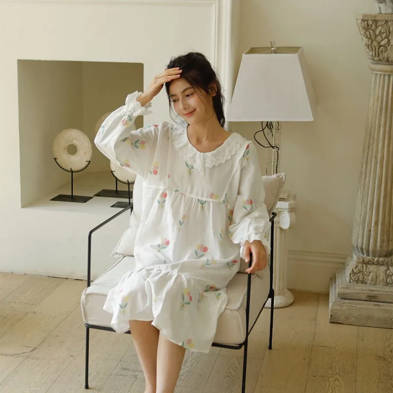 Cotton Double-layer Gauze Lace Ruffle Edge Round Neck Long-sleeved Nightdress Tulip Print Nightgowns Loose Women Nightwear