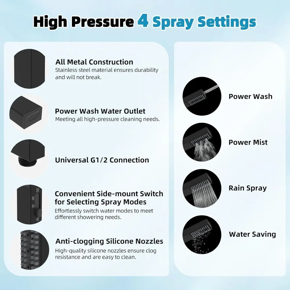 Hibbent جميع المعادن ارتفاع ضغط 10 ''رأس دش الأمطار، مجموعة رأس الدش مع رذاذ محمول 4 أوضاع، تمديد 12 بوصة قابل للتعديل