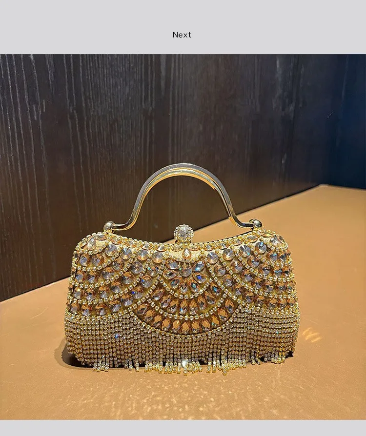 Metallische Strass-Diamant-Abendclutch mit Goldener Quaste, Luxuriöse Braut-Hochzeits-Party-Handtasche für Damen, Formelle Bankett- und Abschlussball-Tasche – Detail 7