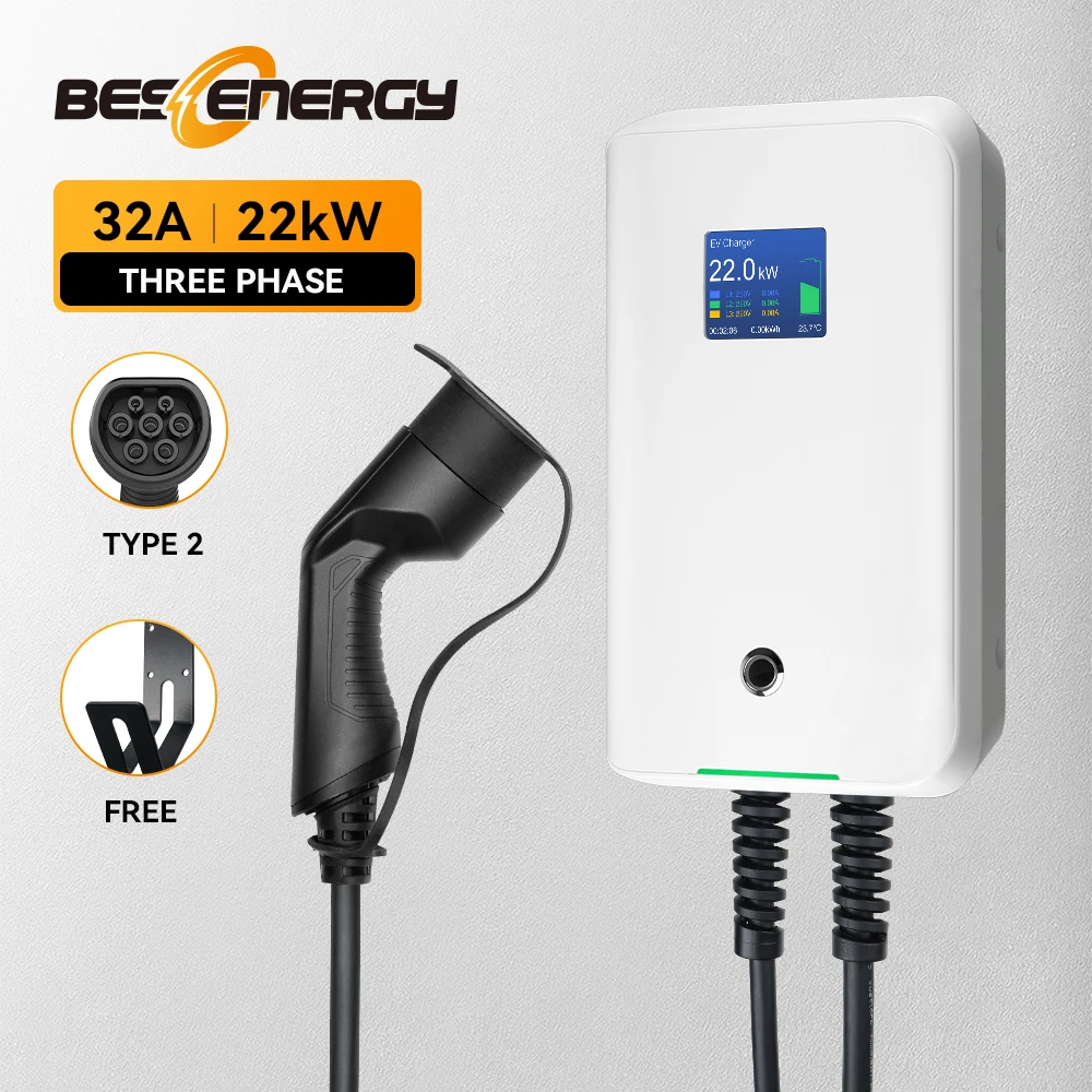 

BESEN New In Electric Vehicle Charging Station 32A 3 Phase 22KW EV Car Charger Wallbox Type 2 Cable Wallmount With 6M Cable