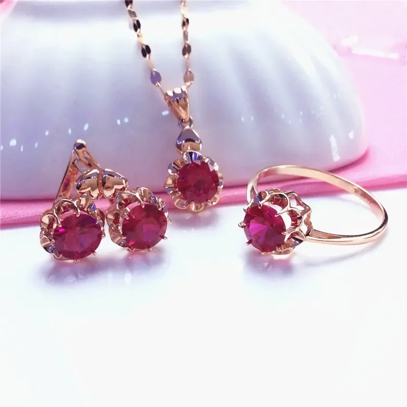 Ruby Flower Women's Jewelry Set Sophisticated Glamour Wedding Earrings for Women 585 Purple Gold 14K Rose Gold Necklaces Rings