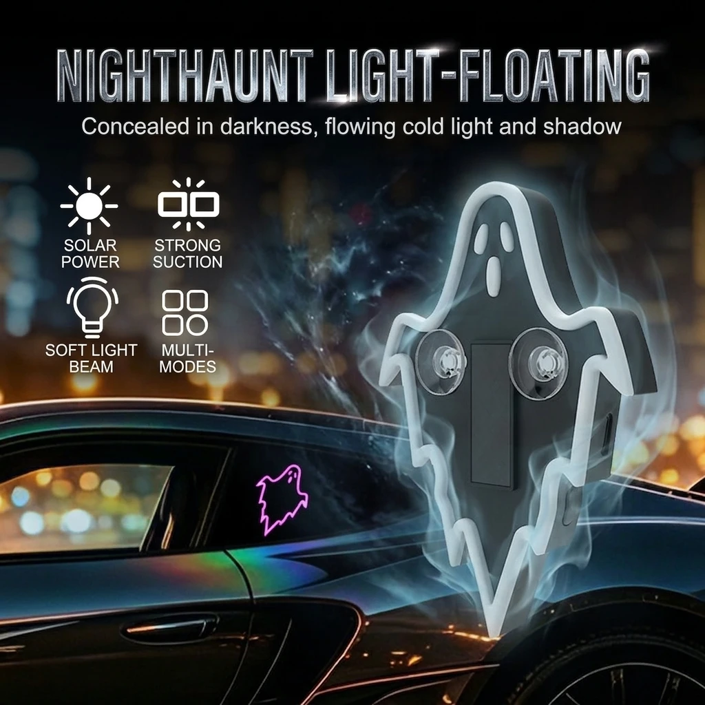 Solar Ghost Car Neon Light, Vibration Light Sensor Suction‑cup Window Lamp Multi‑Mode Halloween Ghost Shape Car LED Decor Light