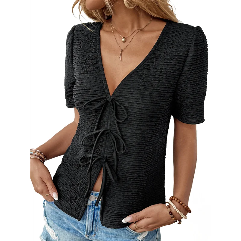 

A83F-женские вязаные крючком топы, наряды для летних каникул, пляжная мода, милая повседневная одежда 2024, весенние блузки с завязками спереди