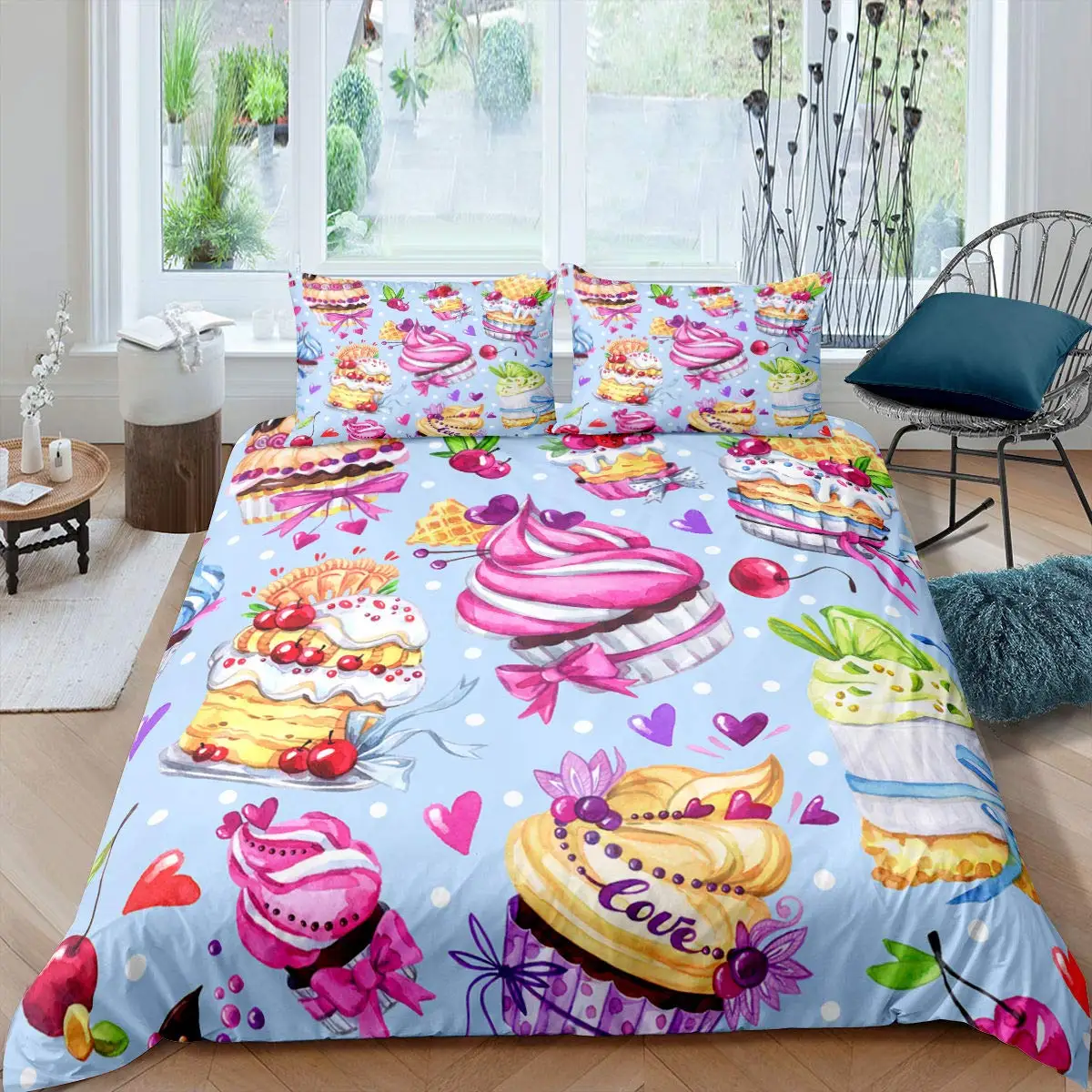 Ice Cream Duvet Cover Set Colourful Cartoon Cup Cake Cherry Lemon Fruit Bedding Set Summer Vacation Style Soft Comforter Cover