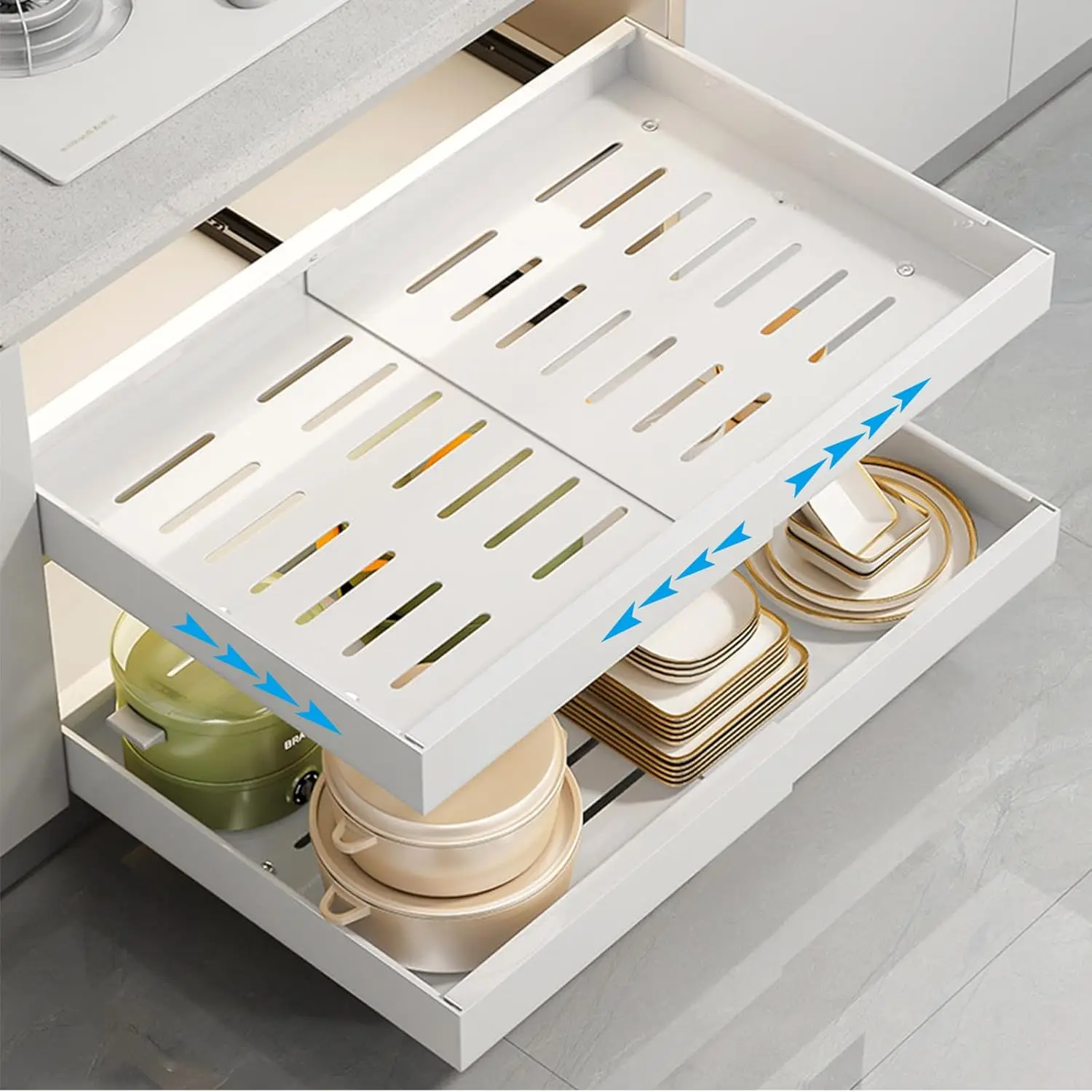 

2 Pack Pull Out Cabinet Organizer,Expandable Width(12.6"-20.5") Slide Out Drawers for Kitchen Fixed With Adhesive Nano Film,N