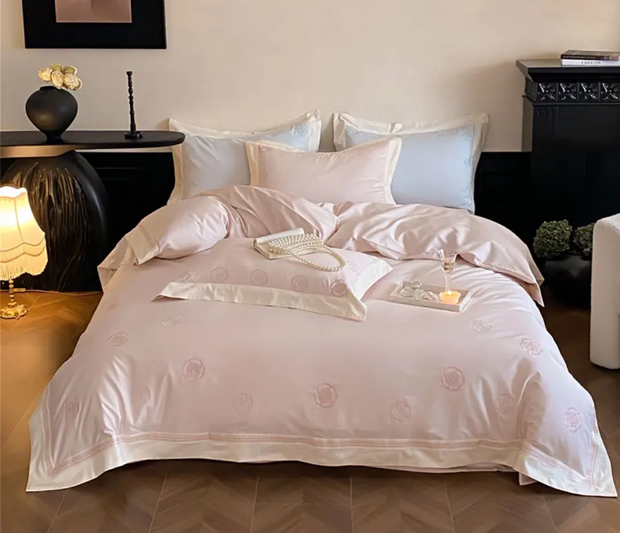 Elegant romantic embroidery flower pink blue bedding set,full queen king cotton home textile bed sheet pillow case duvet cover