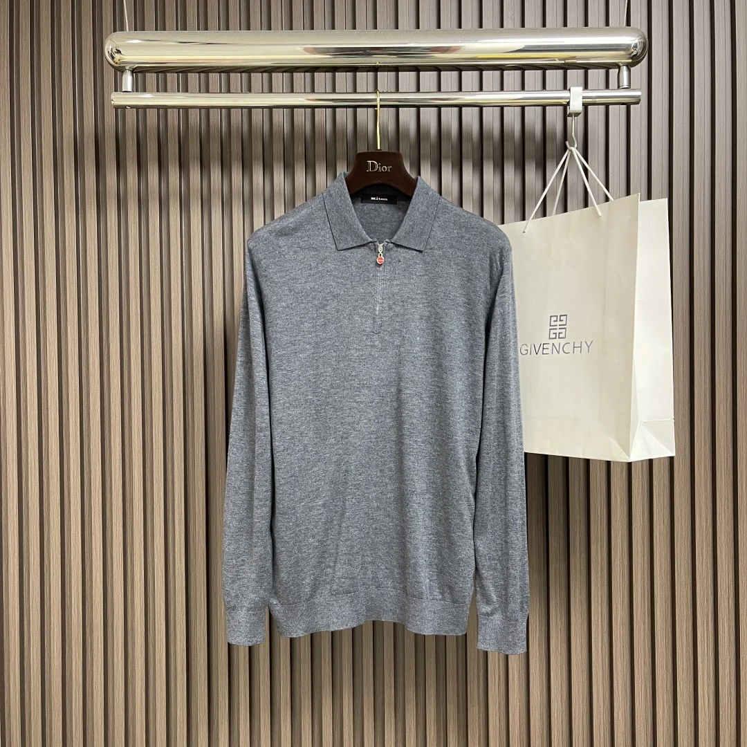 เสื้อสเวตเตอร์ถักคอปกแขนยาวผู้ชาย สไตล์เรียบง่าย สีพื้น สำหรับฤดูใบไม้ร่วงต้น แบรนด์ Kiton