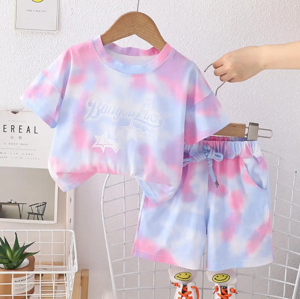 

Children Baby Summer Clothing Suits 1-5 Years Girls Printed Tie-dye Athleisure Casual T-shirts and Shorts 2Pcs Outfits Boys Sets