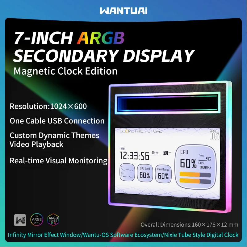 WANTUAI M5 ARGB computer caseSmart Display Screen,7-inch/Magnetic design/CD textured panel/1024x600 resolution/USB communication