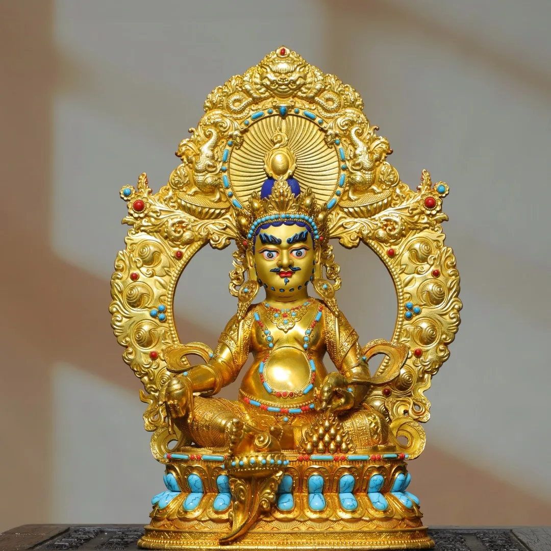 Old Bronze High Relief Gilded Painted Face Mosaic Gem Yellow Jambhala Sitting Buddha Backlight Amitabha Worship Hall Town house
