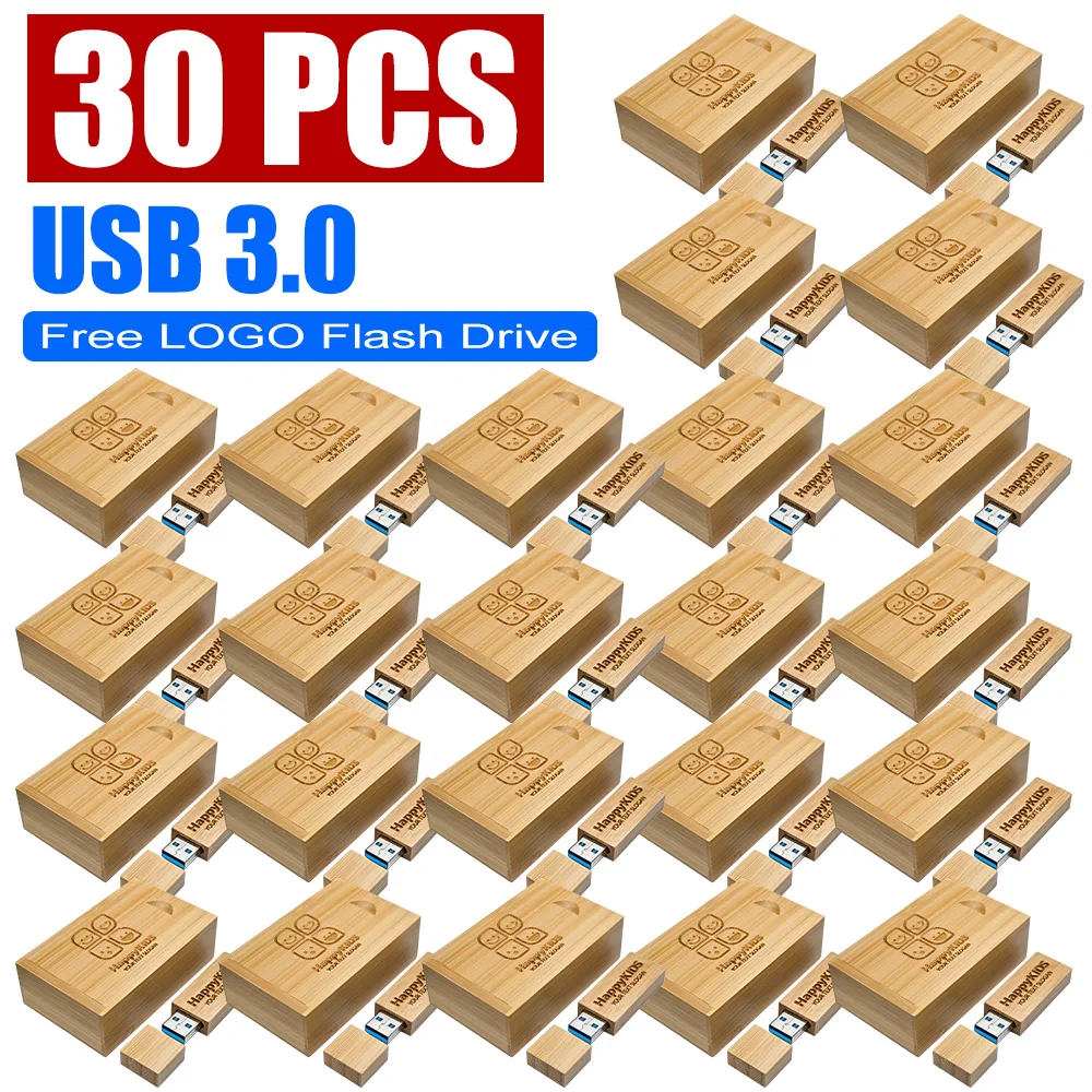 Free Logo 30PCS/LOT Wooden USB 3.0 Flash Drives 128GB Pen Drive 64GB 32GB Memory Stick Creative Gift USB Stick for Laptop