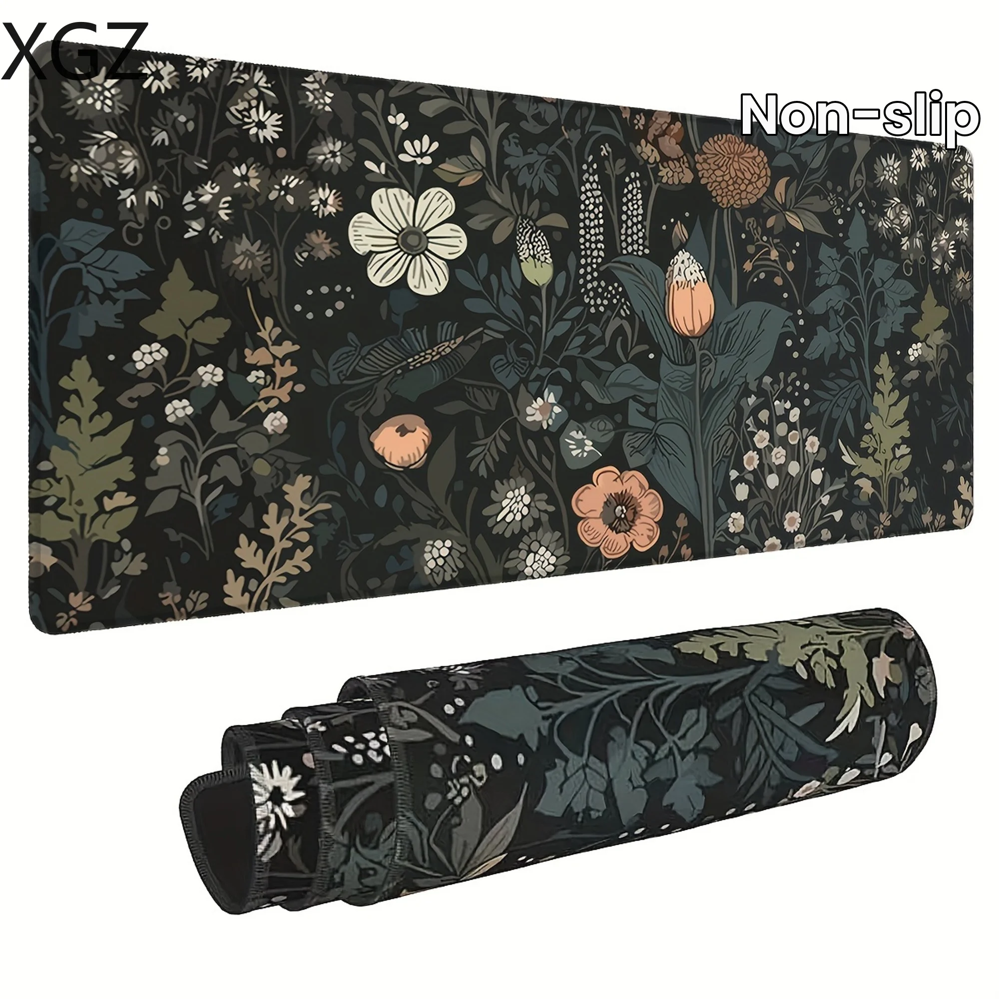 XXL Bohemian Flower Large Gaming Mouse Pad Black Desk Pad with Anti-Slip Rubber Base Stitched Edge Suitable for Work Gaming