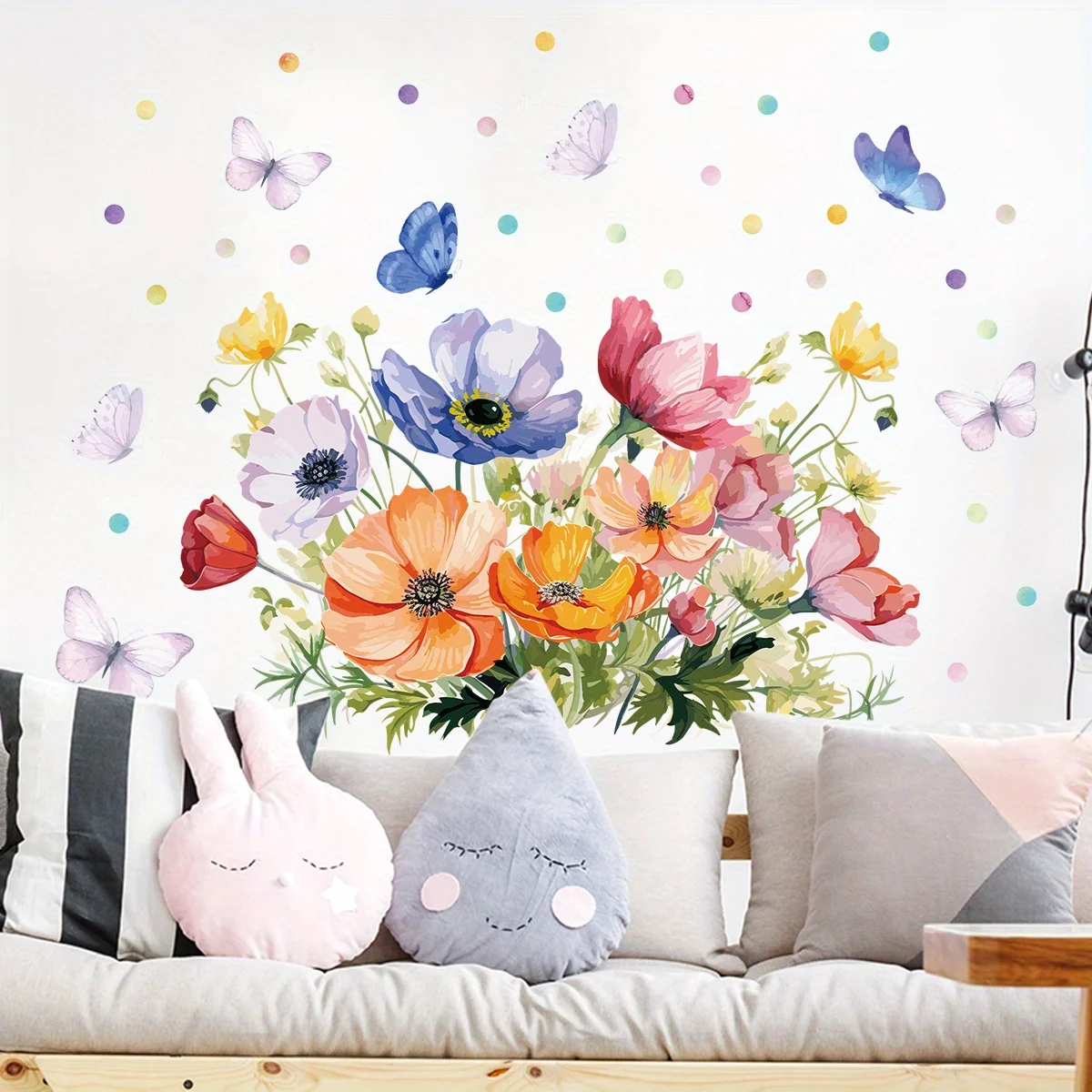 Watercolor Colorful Flower Butterfly Dot Plant Wall Stickers Removable for Bedroom Living Room Nursery Decoration Wall Decals