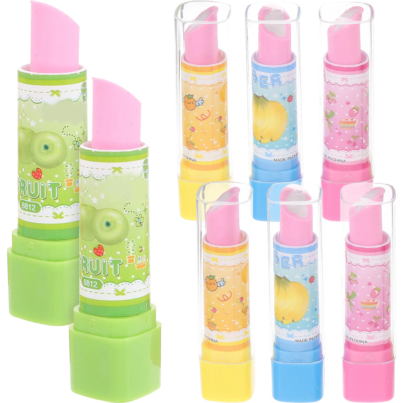 8Pcs Lipstick Eraser Creative Colorful Fruit Pattern Cartoon Stationery Pencil Eraser Students Gift Stationery
