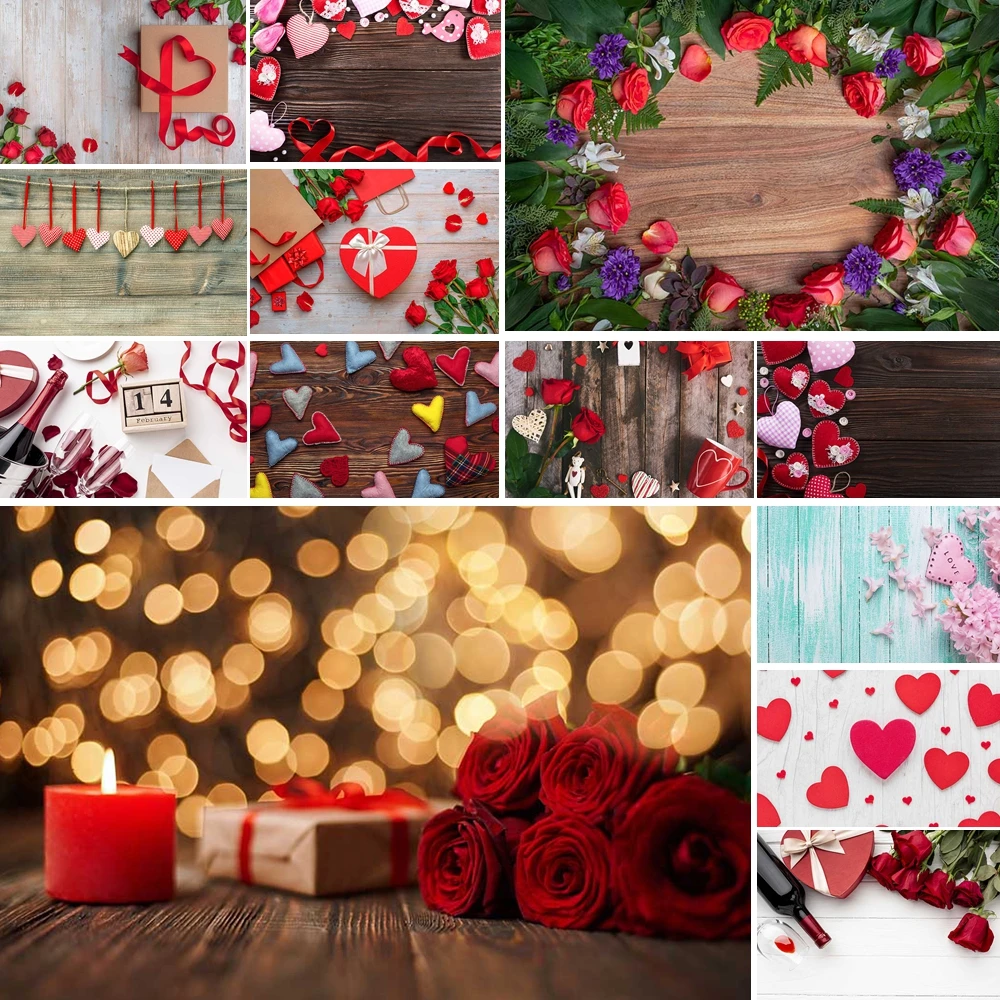

MOON.QG Sweet Valentine's Day Backdrop Pink Roses Ring Box Wooden Board Backgrounds For Photographs Couple Portrait Poster Wall