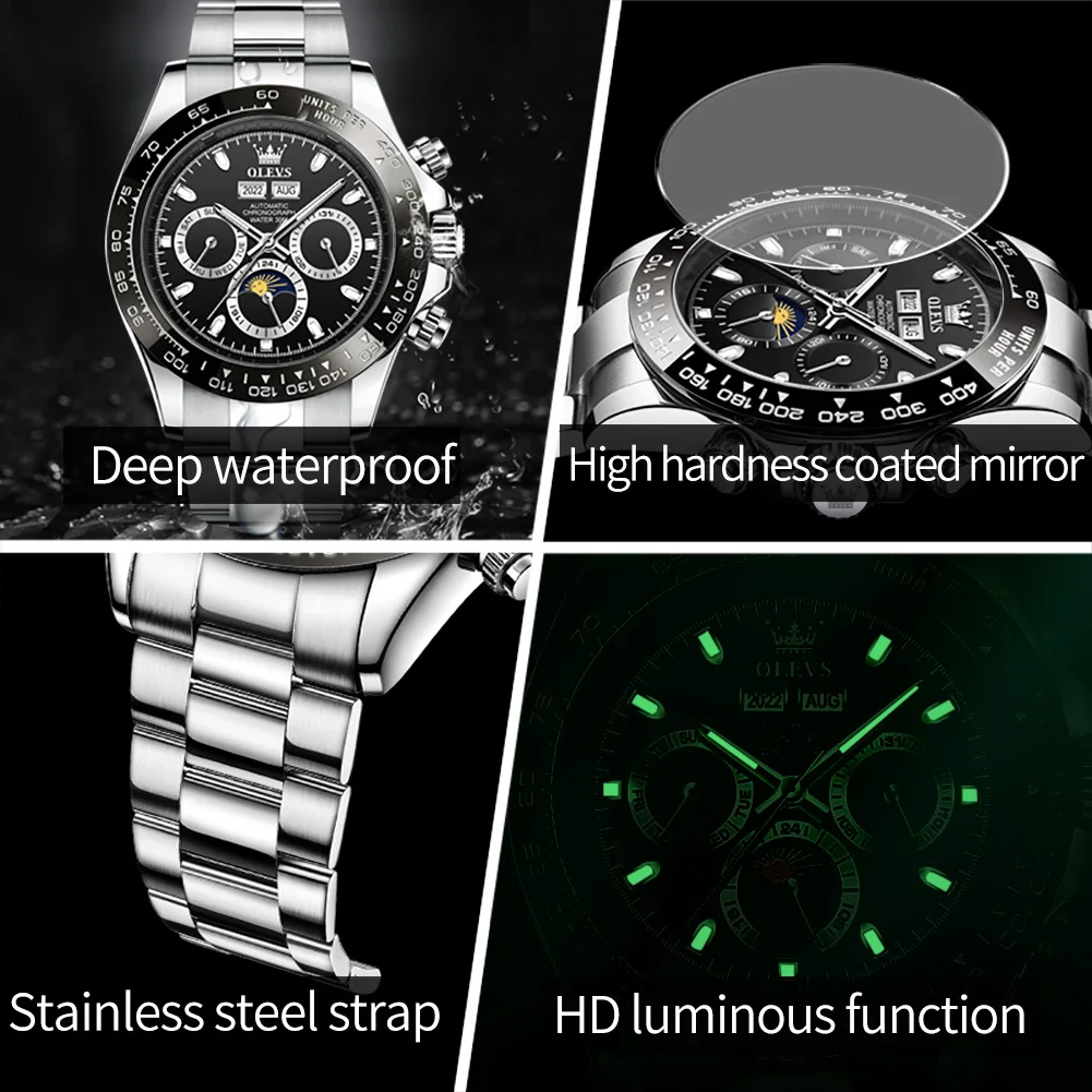 OLEVS New Men\'s Automatic Mechanical Watch Deep Waterproof Stainless Steel Strap Scratchproof Men Luminous Business Wristwatch