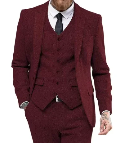 بدلة رجالية 3 قطع متعرجة بزر واحد لمأدبة الزفاف مجموعة الأعمال غير الرسمية سترة مع السراويل #4