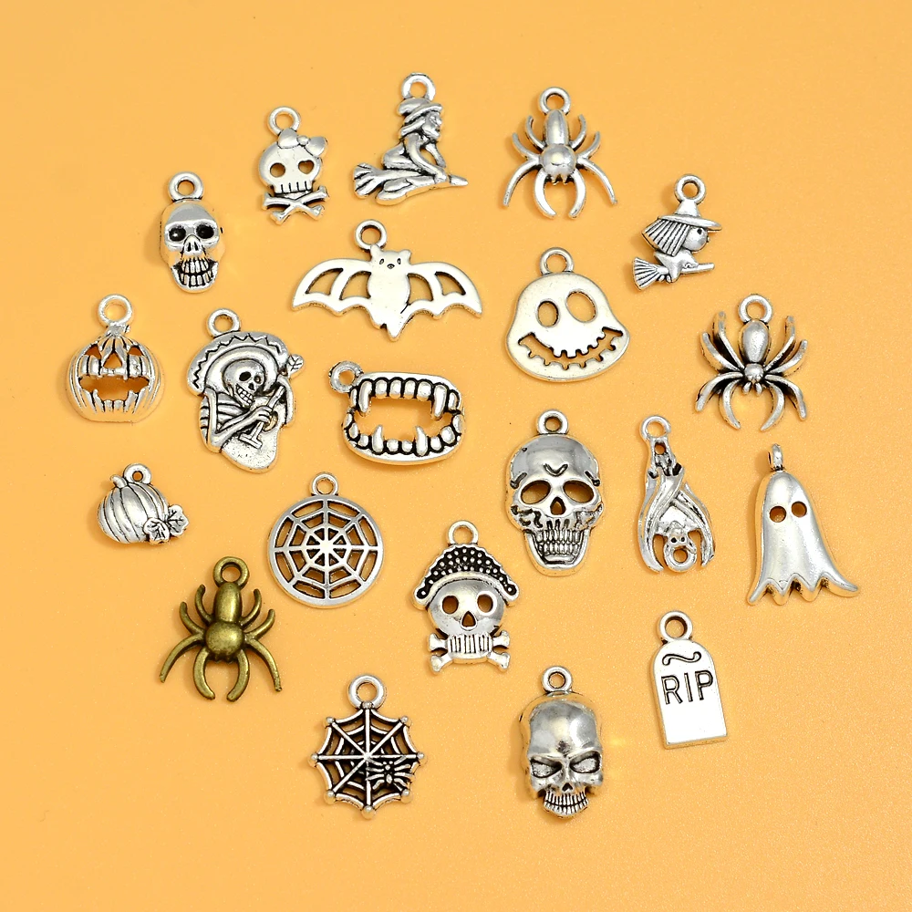 40pcs/lots Halloween Pumpkin Skull Head Spider Web Wizard Bat RIP Charms Pendants For Diy Jewelry Making Wholesale Bulk Items