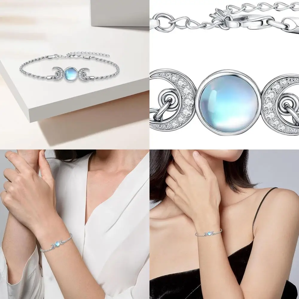 

Triple Moon Goddess Sterling Silver Bracelet - Hecate, Lilith, Greek Mythology, Wiccan, Moonstone Jewelry