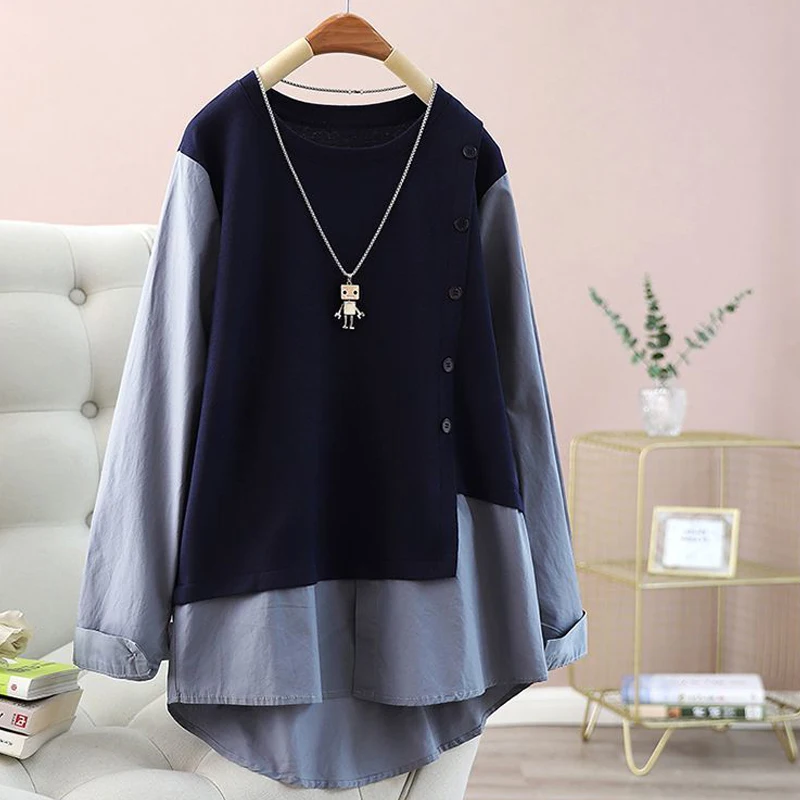 

Extra Large Size 300 Pounds Elegant Meat Concealing Slimming Shirt-Like Top Women's Spring Autumn Loose Casual Long Sleeve T-...