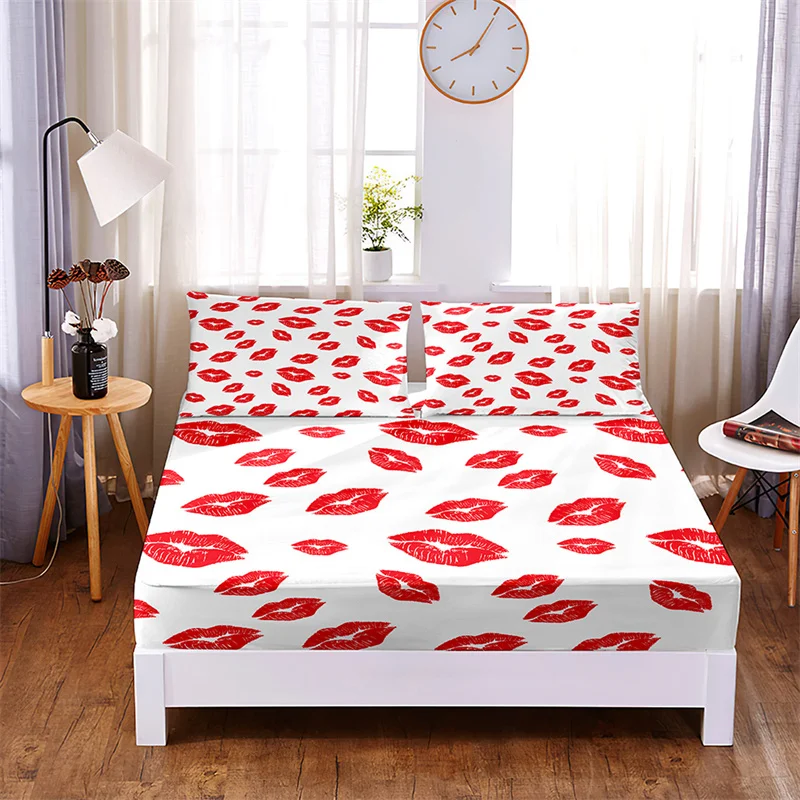 Bedding Set Red Lips Fitted Sheet Set Bed Set Mattress Cover Four Corners Elastic Band Non Slip Bed Sheets and Pillowcases