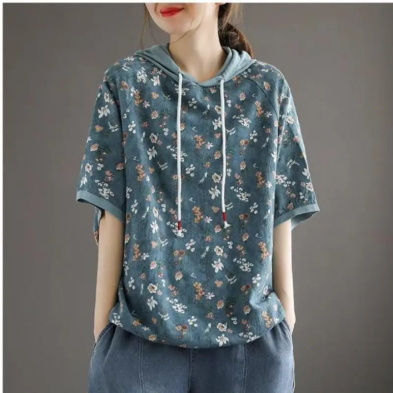 Bohemia Estilo Retro Casual Verão Mulheres Camiseta New Arrivals Broken Flower Harajuku Print Tees Hooded Denim Blue Tops Feminino