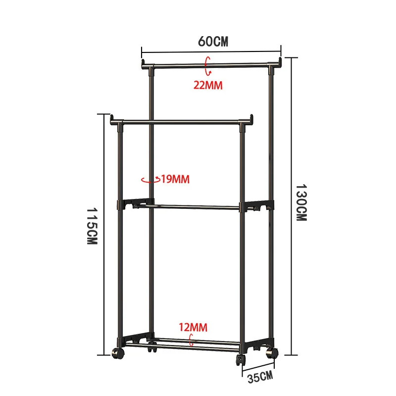 Coat Rack Movable Double Clothes Shelf Simple Rod Clothes Floor-Standing Bedroom Telescopic Floor Hangers Storage Coat Rack